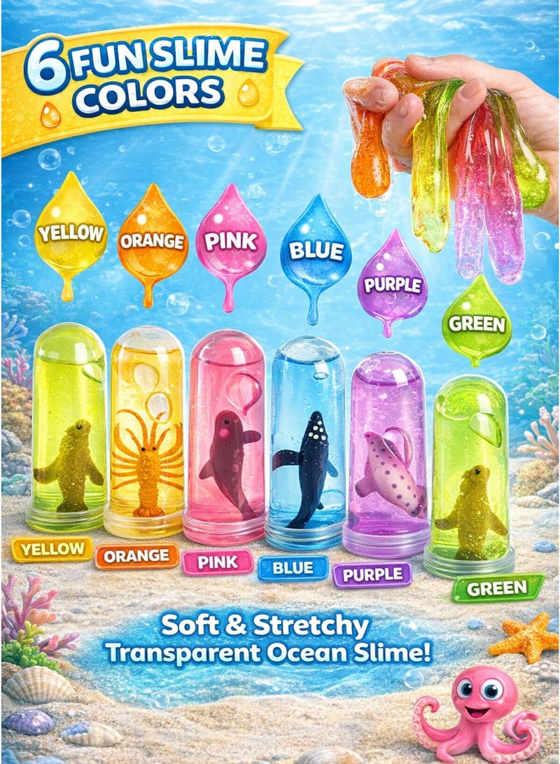 GreaTeam Under The Sea Ocean Series Slime Set for Kids Soft Stretch Transparent Slime 6 Short Test Tube Jar Slimes Marine Sea Animal Toy Inside Every Jar (Sea Lion, Octopus, Stingray, Dolphin, Orca/Whale, Manta Ray) Squish Squeeze Sensory Gooey Crystal Slime Fidget Anti-Stress Sensory Play Imaginative Play, Fine Motor Skills, Hand-Eye Coordination Baby Educational Learning Gift for Ramadan Birthday Giveaway Party Bag Filler School Reward - Image 2